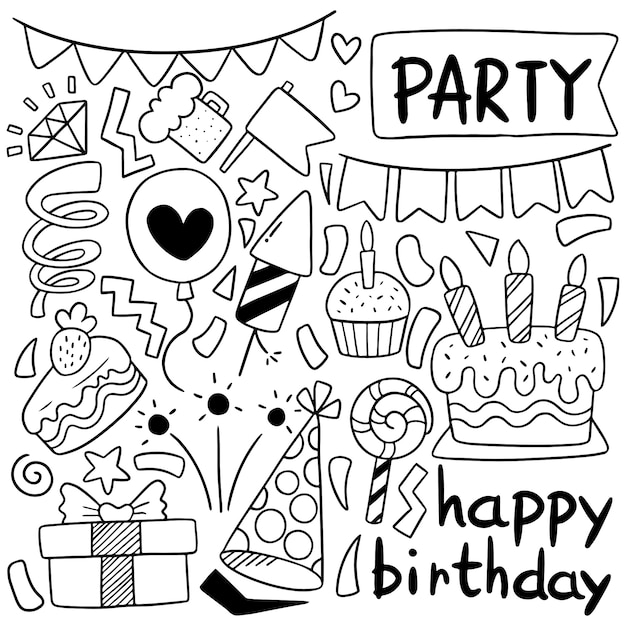 Premium Vector | Hand drawn party doodle happy birthday cartoon