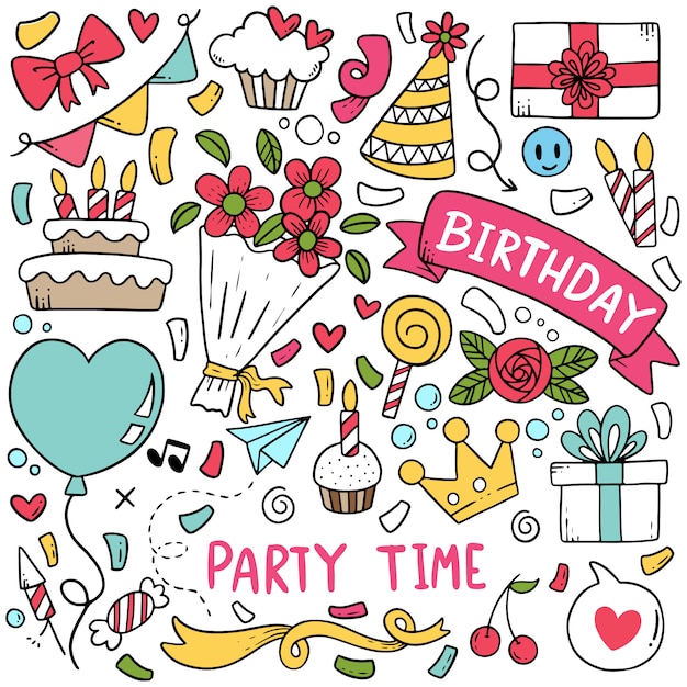 Hand drawn party doodle happy birthday ornaments background pattern ...