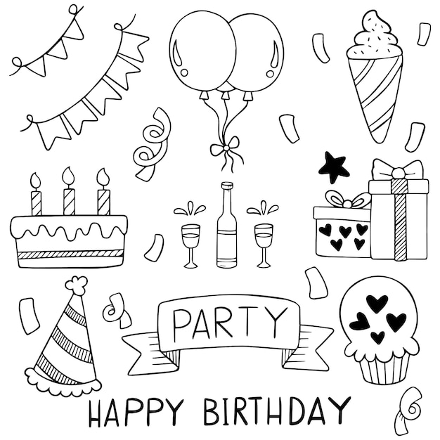 Hand drawn party doodle happy birthday ornaments background pattern Premium Vector