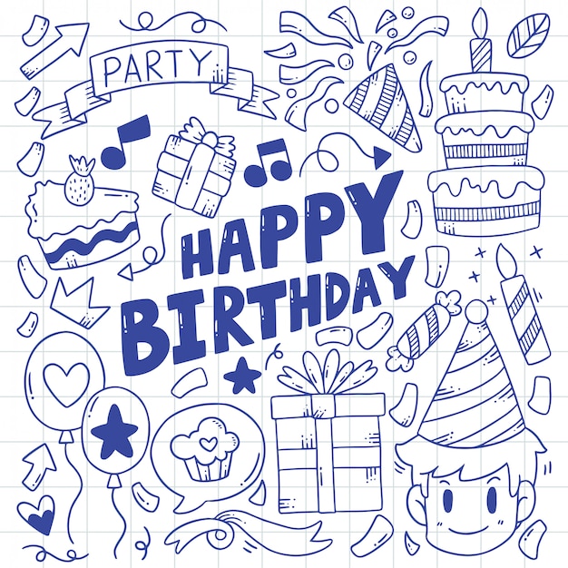 手描きパーティー落書きお誕生日おめでとう装飾イラスト プレミアムベクター