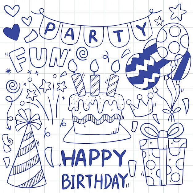 手描きパーティー落書きお誕生日おめでとう装飾イラスト プレミアムベクター