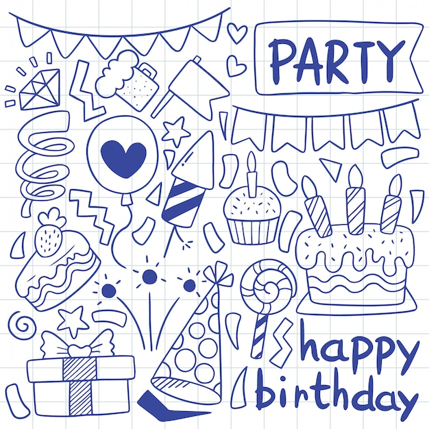 手描きパーティー落書きお誕生日おめでとう装飾イラスト プレミアムベクター