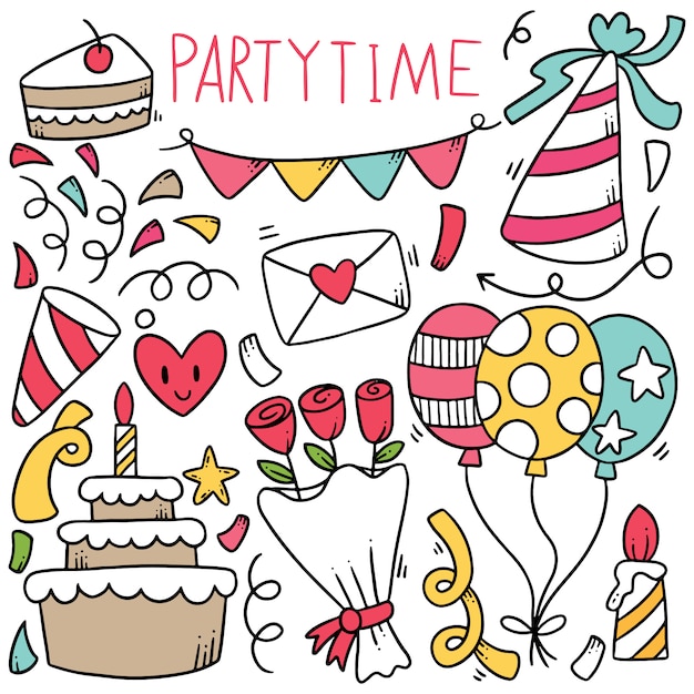 Premium Vector | Hand drawn party doodle happy birthday ornaments