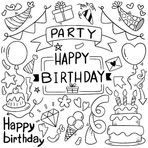 Hand drawn party doodle happy birthday Vector | Premium Download