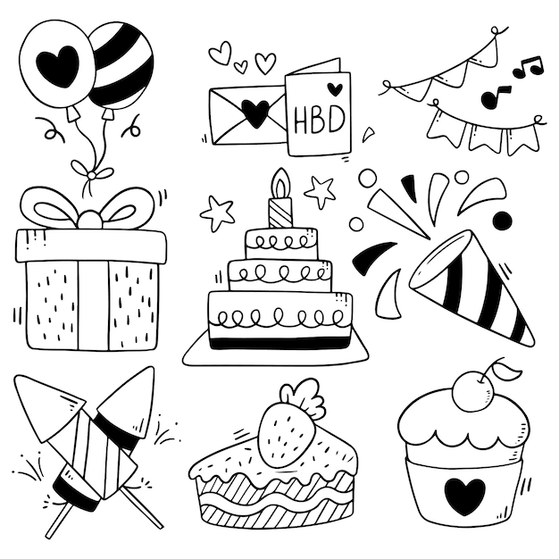 Hand Drawn Party Doodle Happy Birthday | Premium Vector