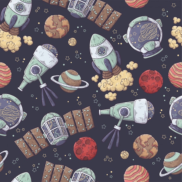 Premium Vector | Hand drawn pattern of space elements collection