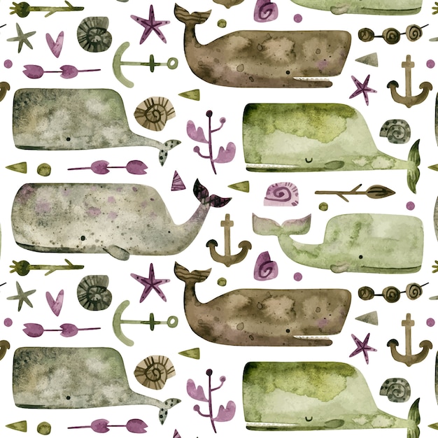 Hand drawn pattern with cachalots and whales Premium Vector