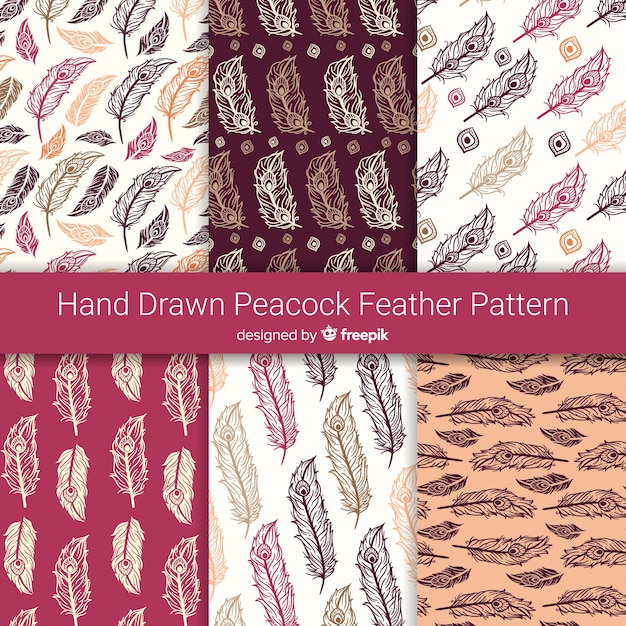 Download Hand drawn peacock feather pattern collection | Free Vector