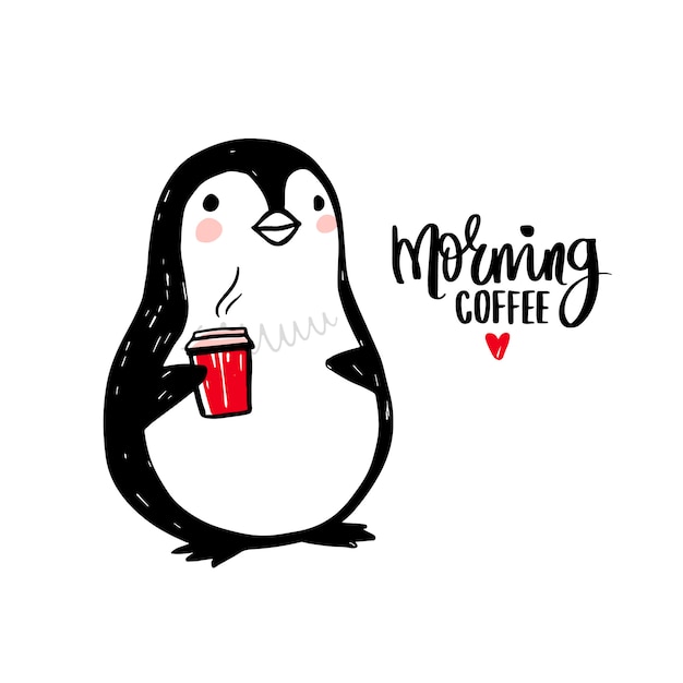 一杯のコーヒーと手描きのペンギン かわいい動物イラストを落書き プレミアムベクター