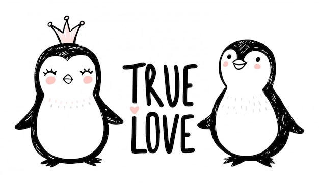 手描きのペンギン かわいいプリンセス動物イラストを落書き キャラクターセット プレミアムベクター