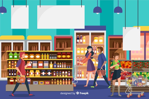 Hand drawn people in the supermarket Free Vector