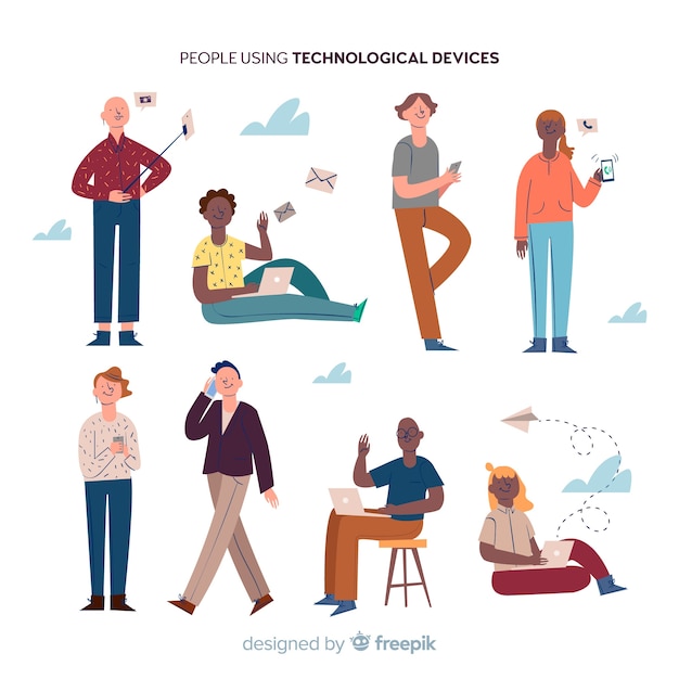 Hand drawn people using device collection Free Vector