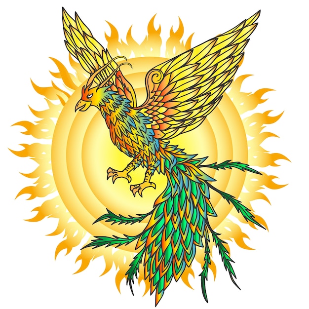 Hand Drawn Phoenix Bird And Flaming Sun Free Vector