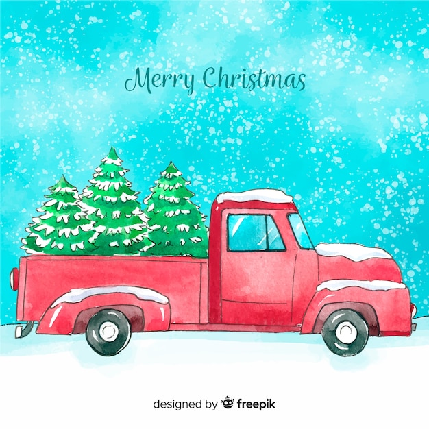 Hand drawn pickup truck with christmas tree Vector Free Download