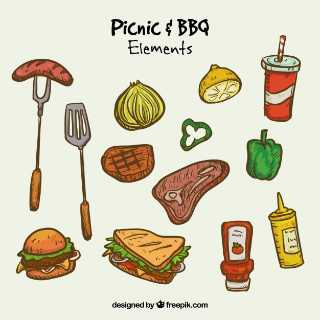 Hand drawn picnic and bbq foodstuffs