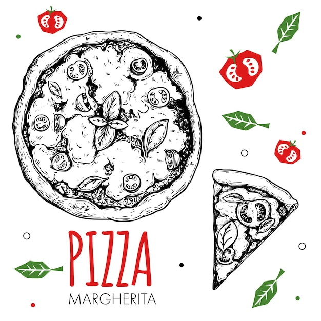 手描きのピザマルゲリータ デザインテンプレート スケッチスタイルの伝統的なイタリア料理 平らな野菜を落書きします ピザ全体とスライス メニュー ポスター チラシのデザインに最適です ベクトル イラスト プレミアムベクター