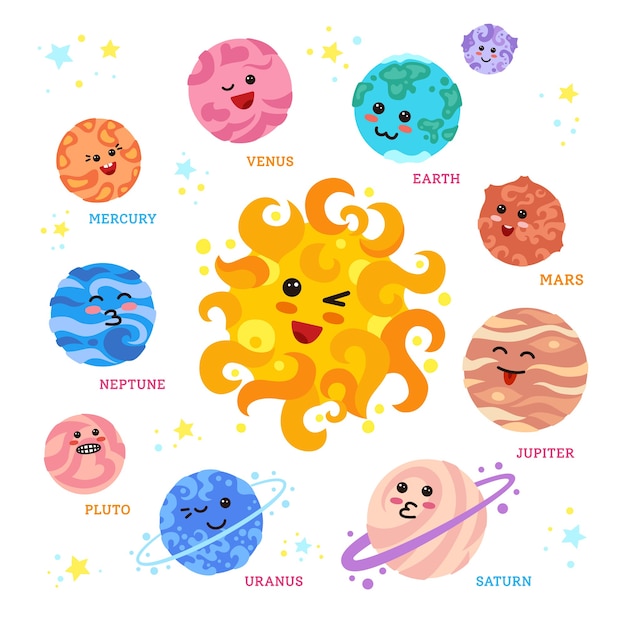 Premium Vector | Hand drawn planets around the sun with cute kawaii faces