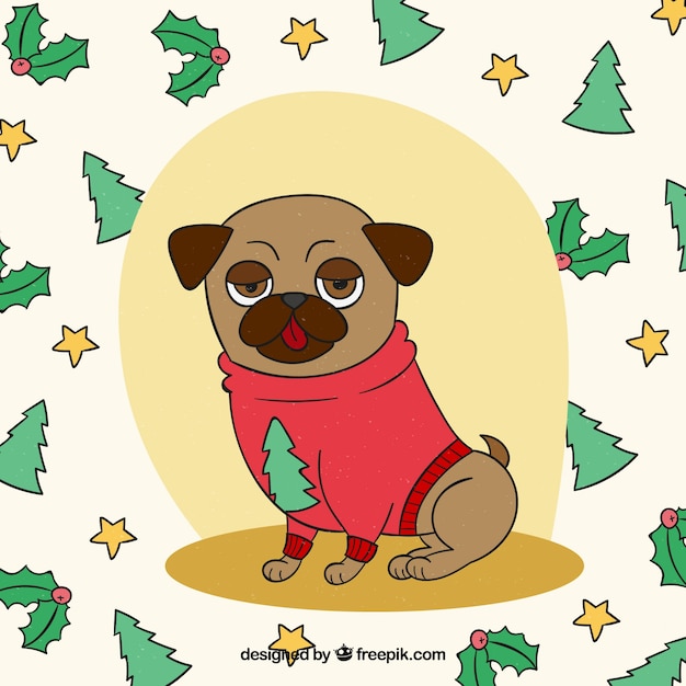 Premium Vector | Hand drawn pug with christmas style