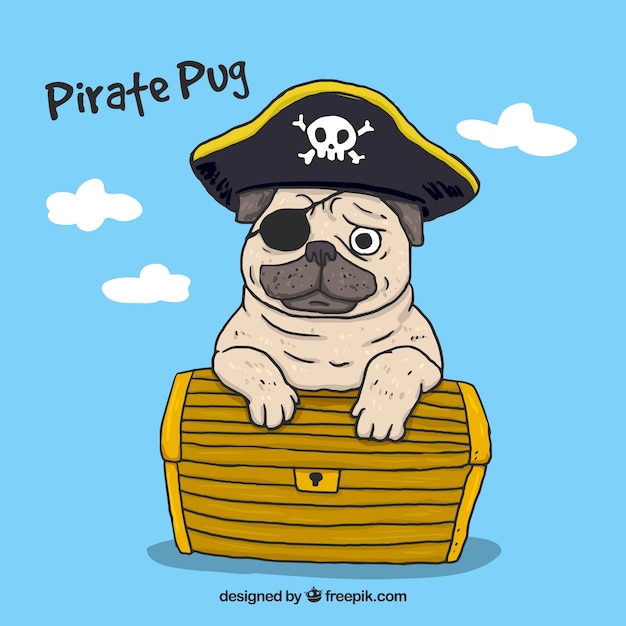 Hand drawn pug with pirate style