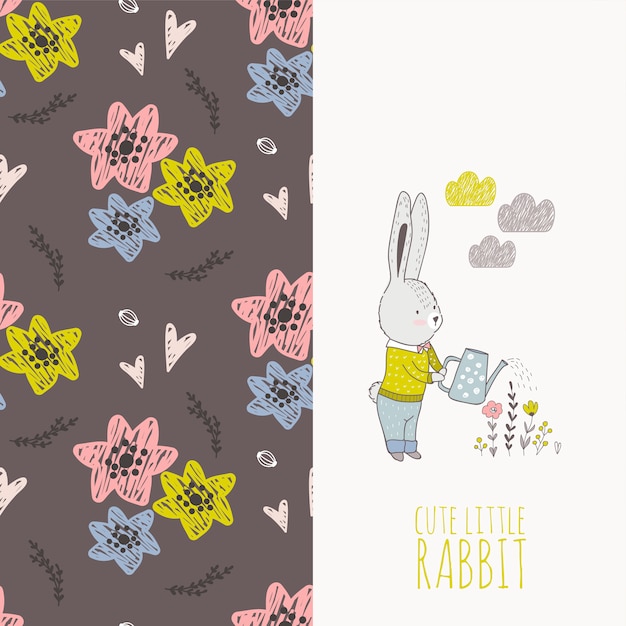 Hand drawn rabbit with flowers card and seamless pattern. Premium Vector