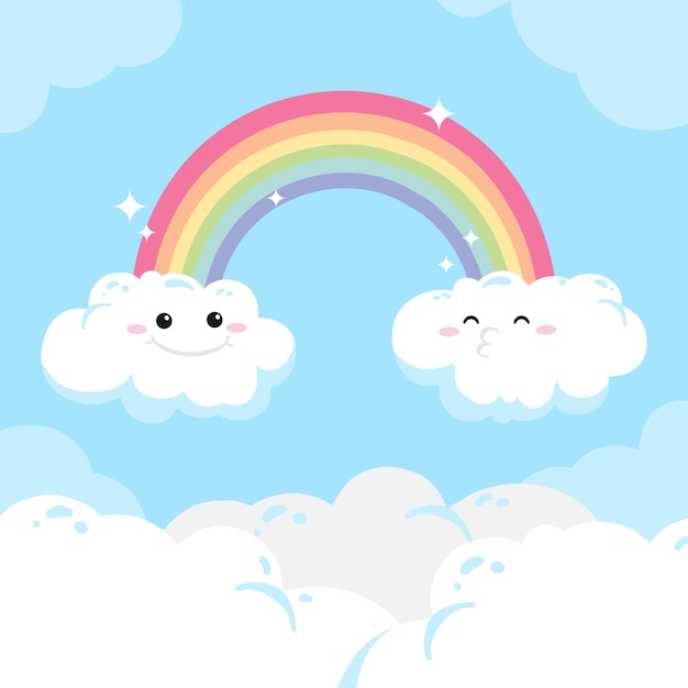 Download Hand drawn rainbow and clouds with faces | Free Vector