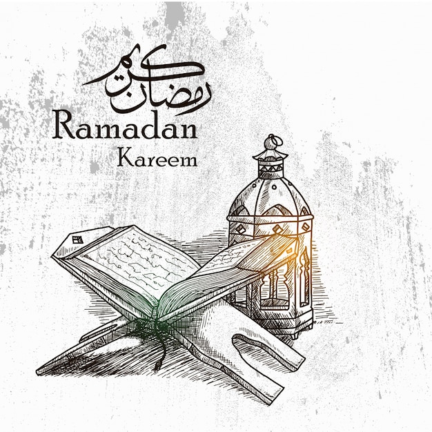 Hand drawn ramadan kareem background with traditional lantern and al quran Premium Vector