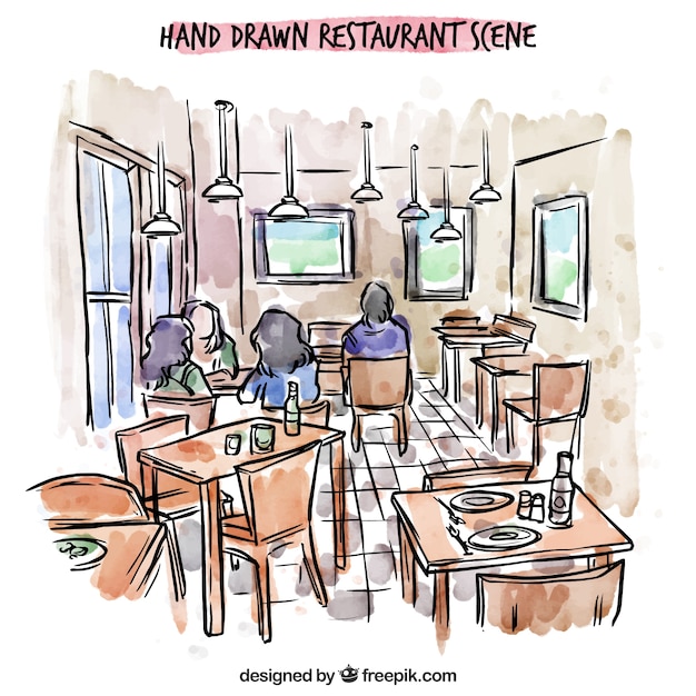 Hand drawn restaurant scene, people inside Vector Free Download