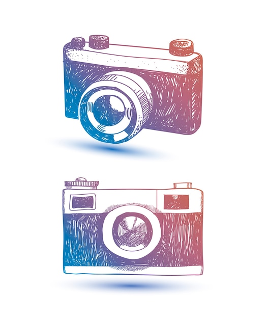 手描きのレトロなカメラ 流行に敏感なイラスト カード Tシャツプリントとして使用 プレミアムベクター