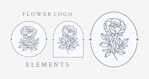 手描きのバラの花のロゴ要素のコレクション プレミアムベクター