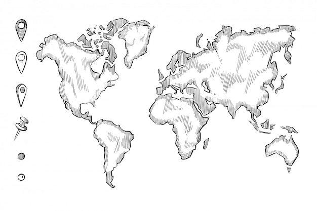 Hand drawn, rough sketch world map with doodle pins Premium Vector