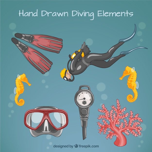 Hand drawn scuba diver and equipment