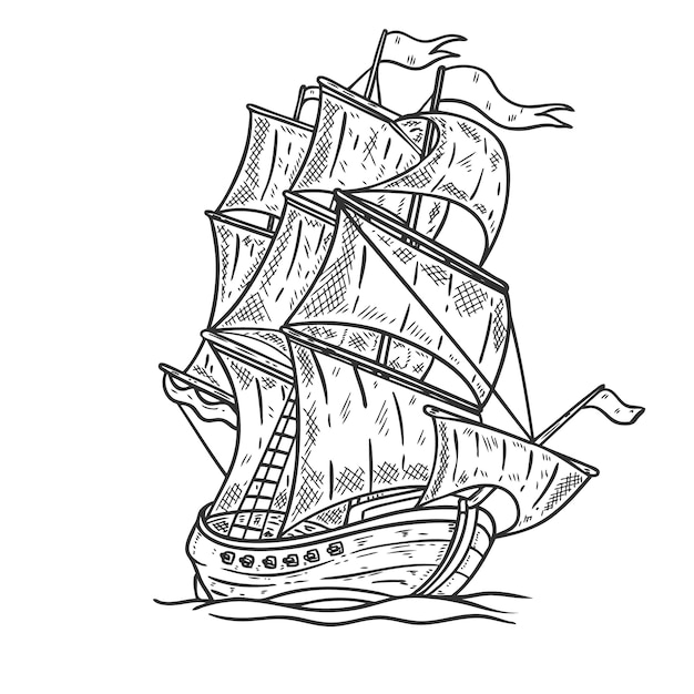 手が白い背景の海船イラストを描いた ポスター カード Tシャツ エンブレムの要素 画像 プレミアムベクター