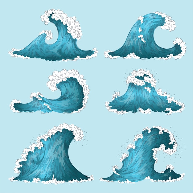 手描きの海の波 漫画刻まれた波セット プレミアムベクター