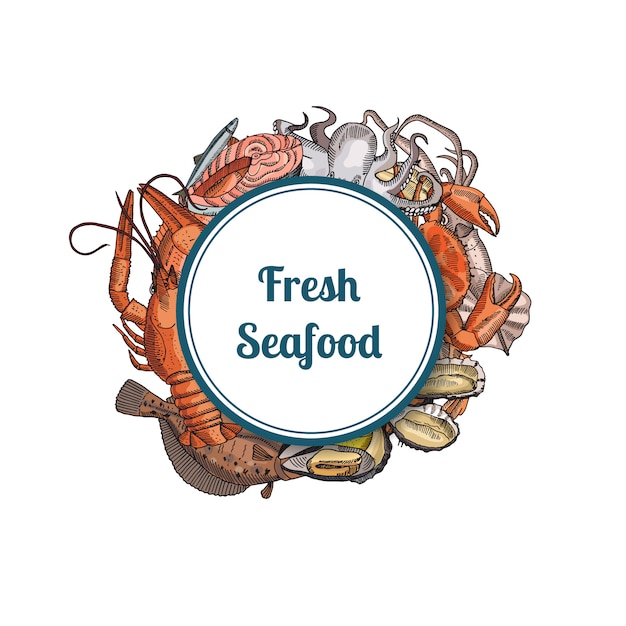 Hand drawn seafood elements under framed circle Vector | Premium Download