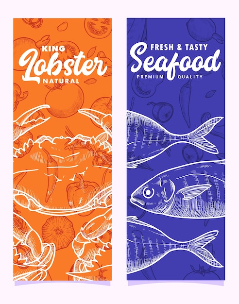 手描きのシーフードタラバガニのロブスターと魚のイラストバナーテンプレート プレミアムベクター