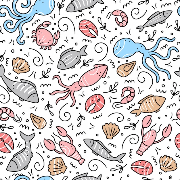 Premium Vector Hand Drawn Seamless Pattern Of Seafood Elements