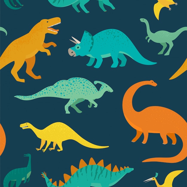 プレミアムベクター 恐竜と手描き下ろしシームレスパターン 子供のファブリック テキスタイル 保育園の壁紙に最適です