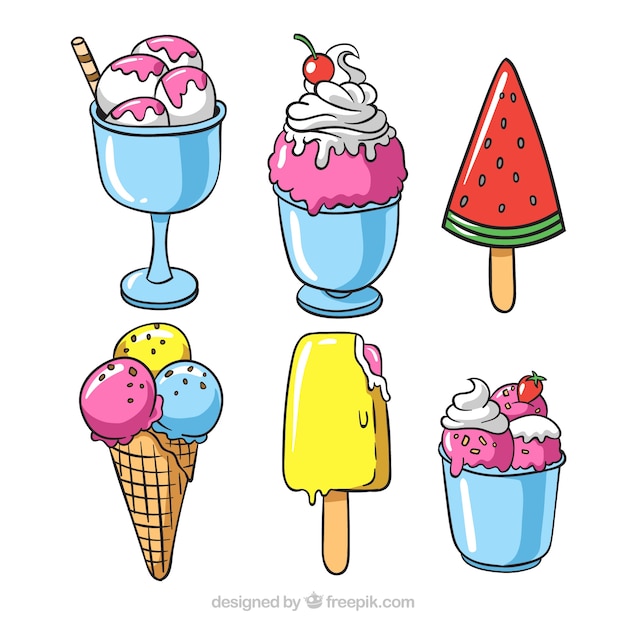 Hand-drawn selection of appetizing summer\
desserts