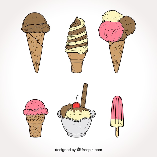 Hand-drawn selection of different kind of ice\
creams
