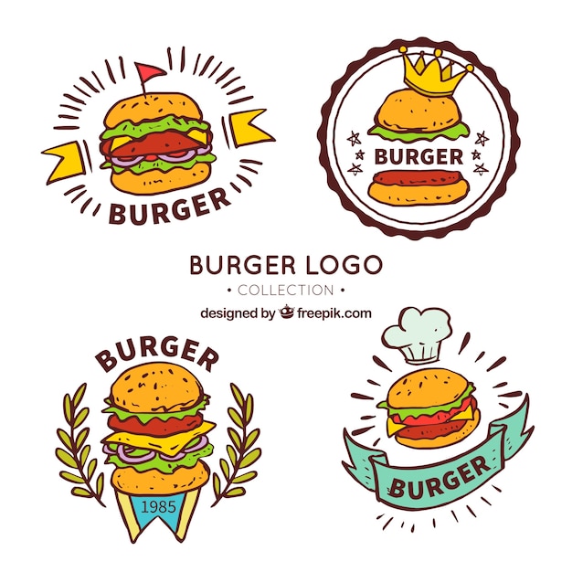 Hand Drawn Selection Of Four Burger Logos Vector Free Download 2384