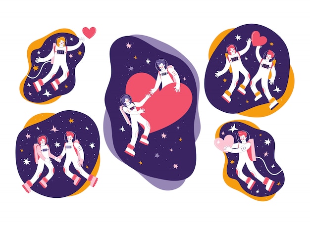 手描きの宇宙の宇宙飛行士のセットの漫画のキャラクター 宇宙飛行士の男性と女性 愛するカップルが星とハートの間の空間を飛んでいます 宇宙の宇宙の愛 幸せなバレンタインデー プレミアムベクター