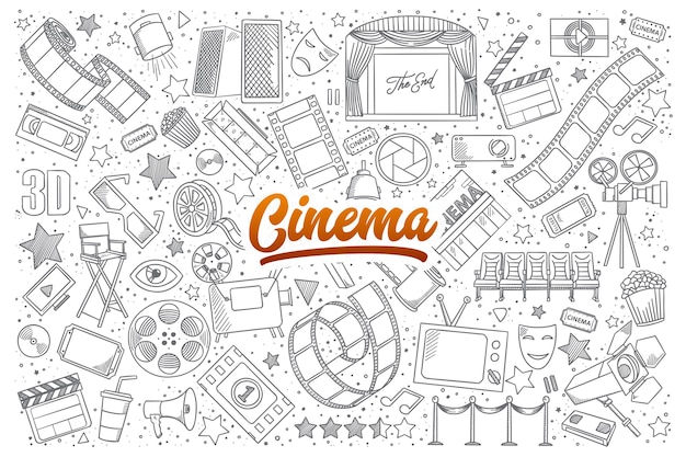 Premium Vector | Hand drawn set of cinema doodles with orange lettering