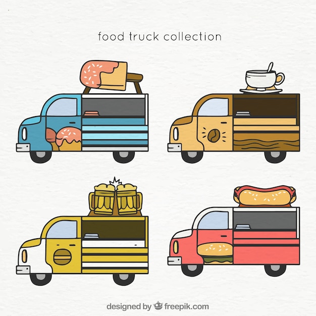 Free Vector | Hand drawn set of classical food trucks