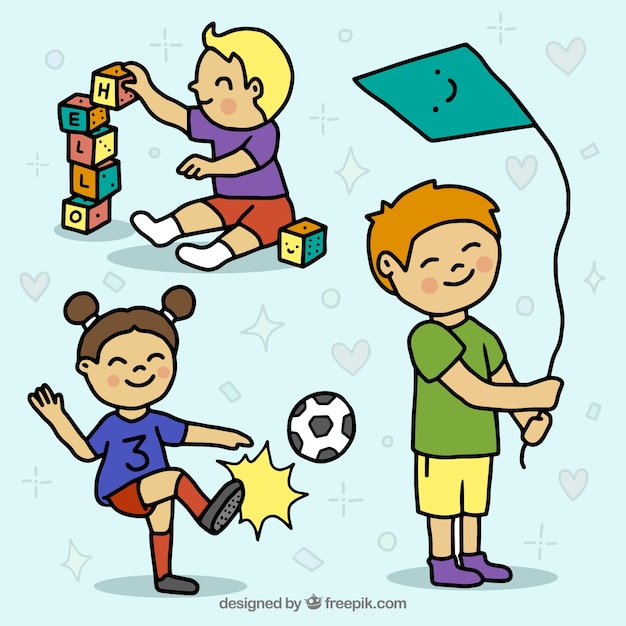 Handdrawn set of colored kids playing Vector Free Download