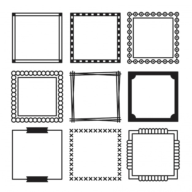 プレミアムベクター 手描きのシンプルな黒い正方形のフレームとさまざまな形の境界線のセット