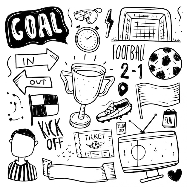 プレミアムベクター サッカー要素の手書き描画されたセット