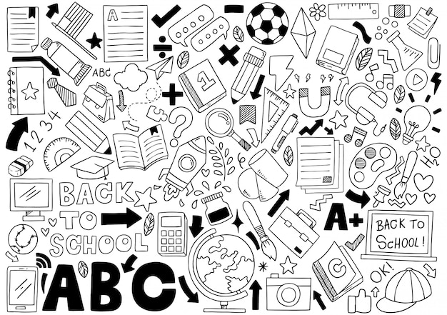 Hand drawn set of school icons ornaments background pattern Premium Vector
