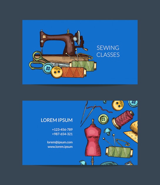 Hand drawn sewing elements business card template for atelier or sewing classes illustration Premium