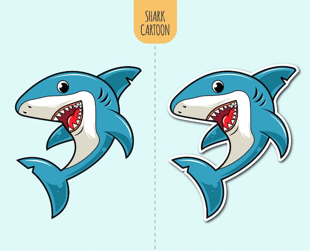 ステッカーデザインオプションで手描きのサメ漫画イラスト プレミアムベクター