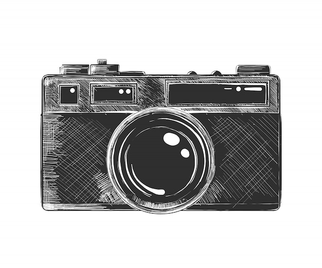 Hand drawn sketch of camera in monochrome Premium Vector